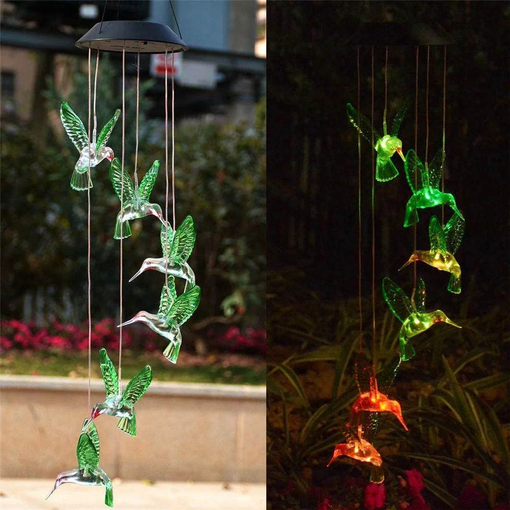 dropship LED Colorful Solar Power Wind Chime Crystal Hummingbird Butterfly Waterproof Outdoor Windchime Solar Light for Garden outdoor