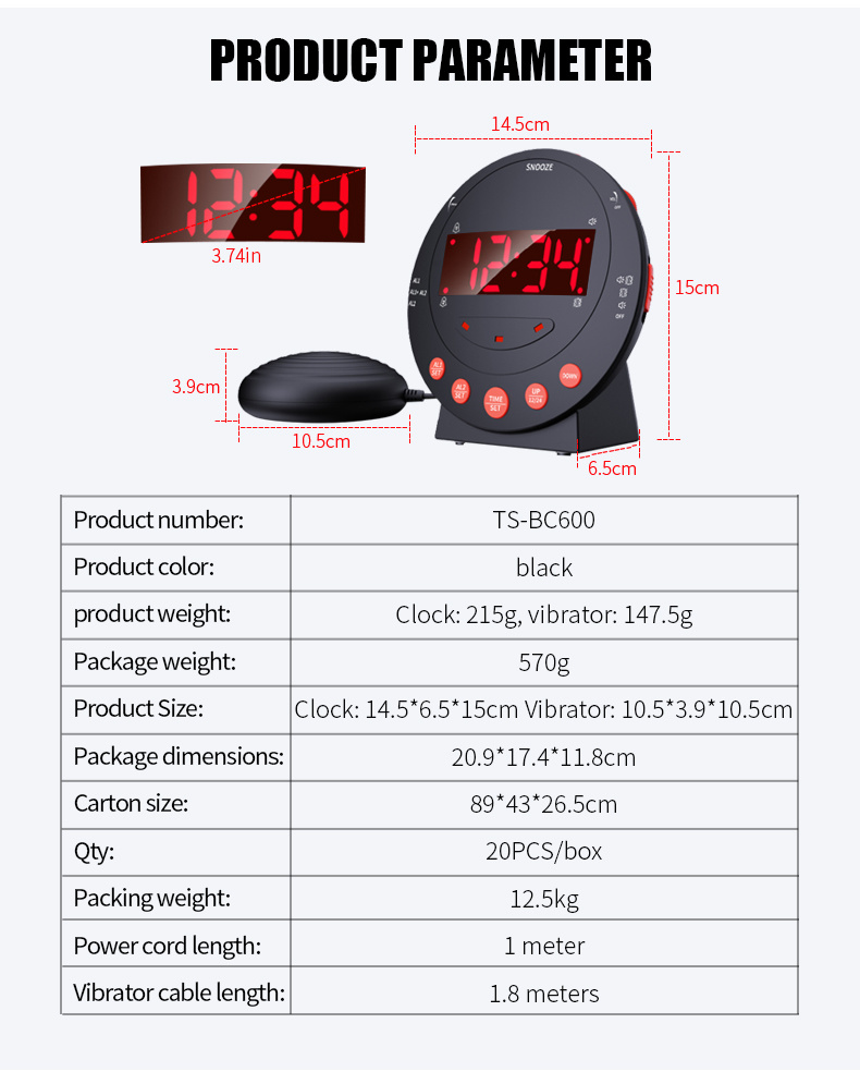 dropship LED Vibrating Loud Alarm Clock Strong Bed Vibration Shaker for Heavy Sleepers Deaf Senior Kids Display Dimmer Snooze USB Charger