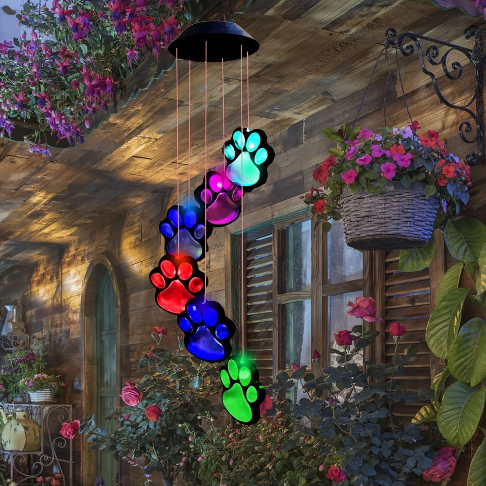 dropship 1pc; Paw Print Solar Wind Chimes For Outside; Dogs Cat Pet Paw Print Remembrance Wind Chimes; Waterproof Color Changing Solar Hanging Lights; Sympathy Gift For Pet Lover; Balcony; Patio; Yard Decor