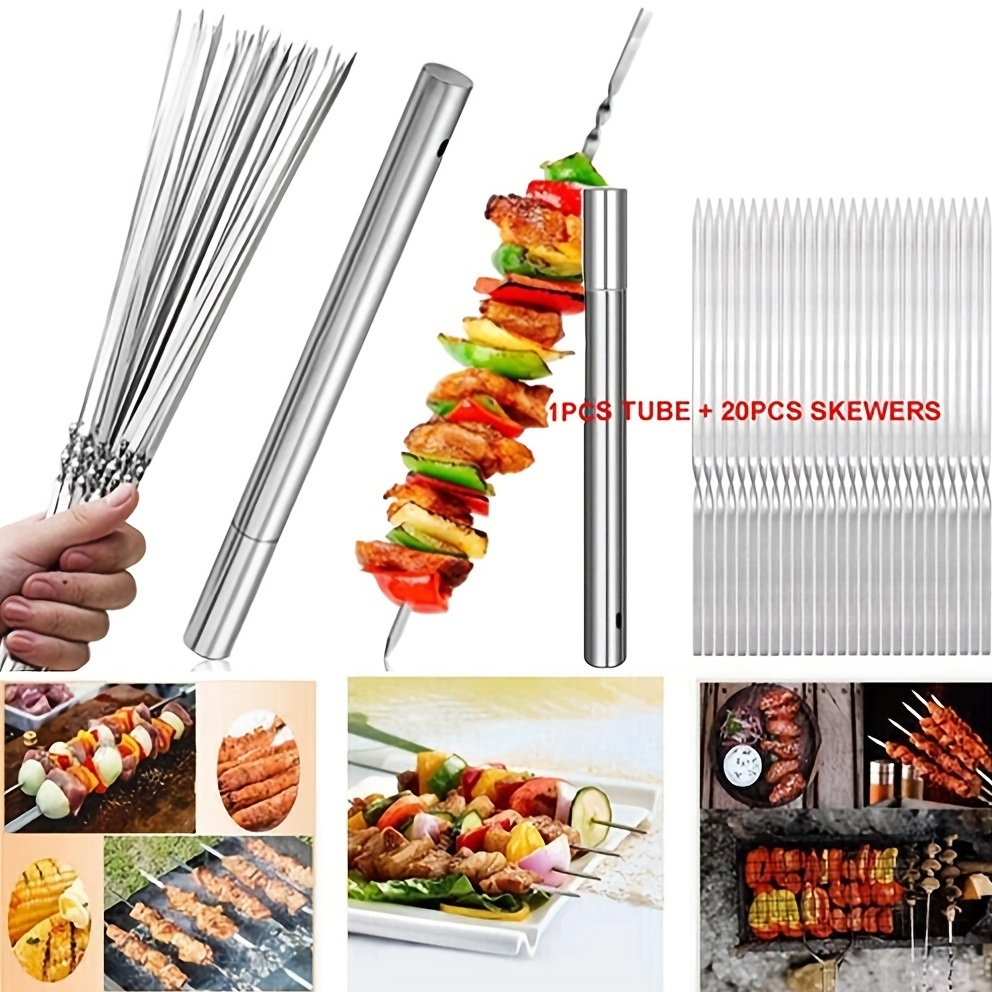 dropship 20pcs Grilling Flat Metal BBQ Skewers Stainless Steel Kabob BBQ Skewer 35CM/13.77inch