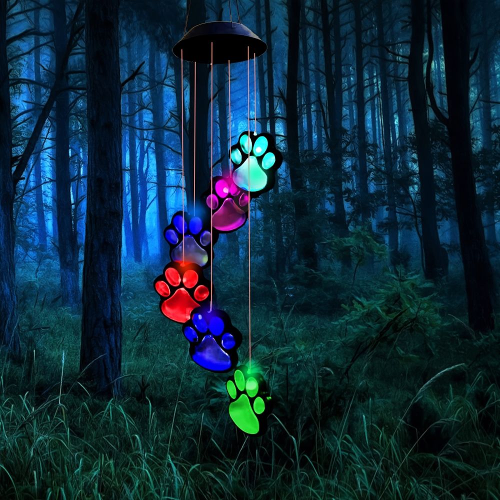 dropship 1pc; Paw Print Solar Wind Chimes For Outside; Dogs Cat Pet Paw Print Remembrance Wind Chimes; Waterproof Color Changing Solar Hanging Lights; Sympathy Gift For Pet Lover; Balcony; Patio; Yard Decor
