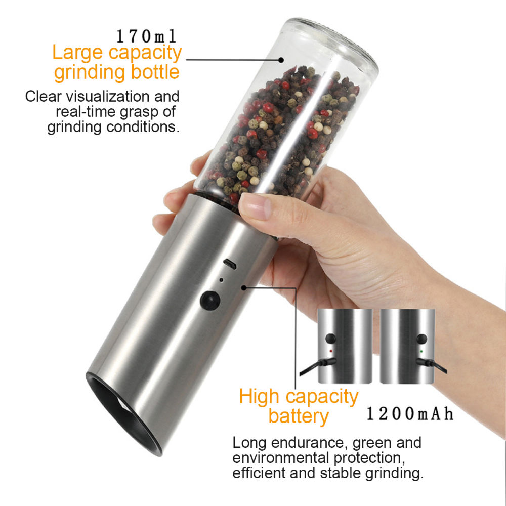 dropship Electric Pepper Grinder 3W Handheld Automatic Pepper Mill USB Charging Pepper and Salt Grinder Electric Spice Grinder with