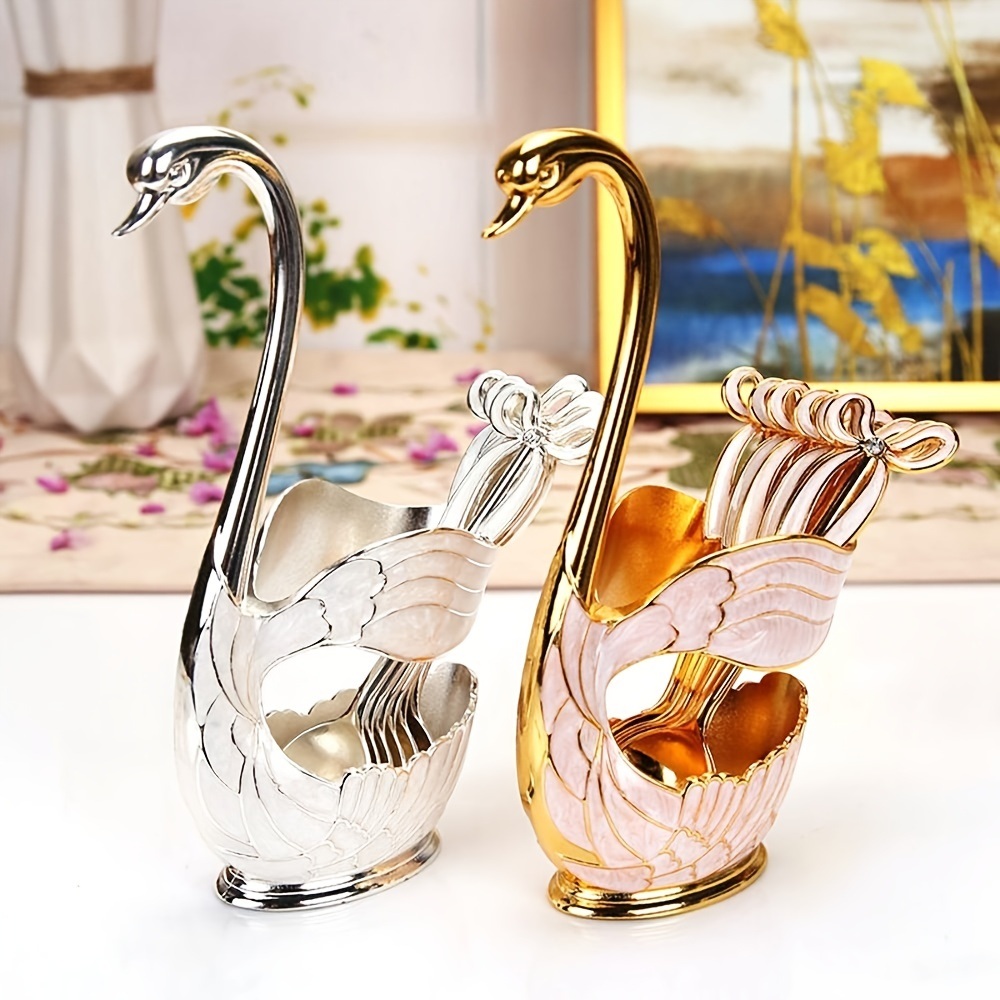 dropship 1pc Coffee Dessert Spoons Set; Swan Base Holder Coffee Spoons Set With 6 Forks Spoons Creative Metal Coffee Dessert Spoon Set For Coffee Dessert Ice Cream Use Great Gift