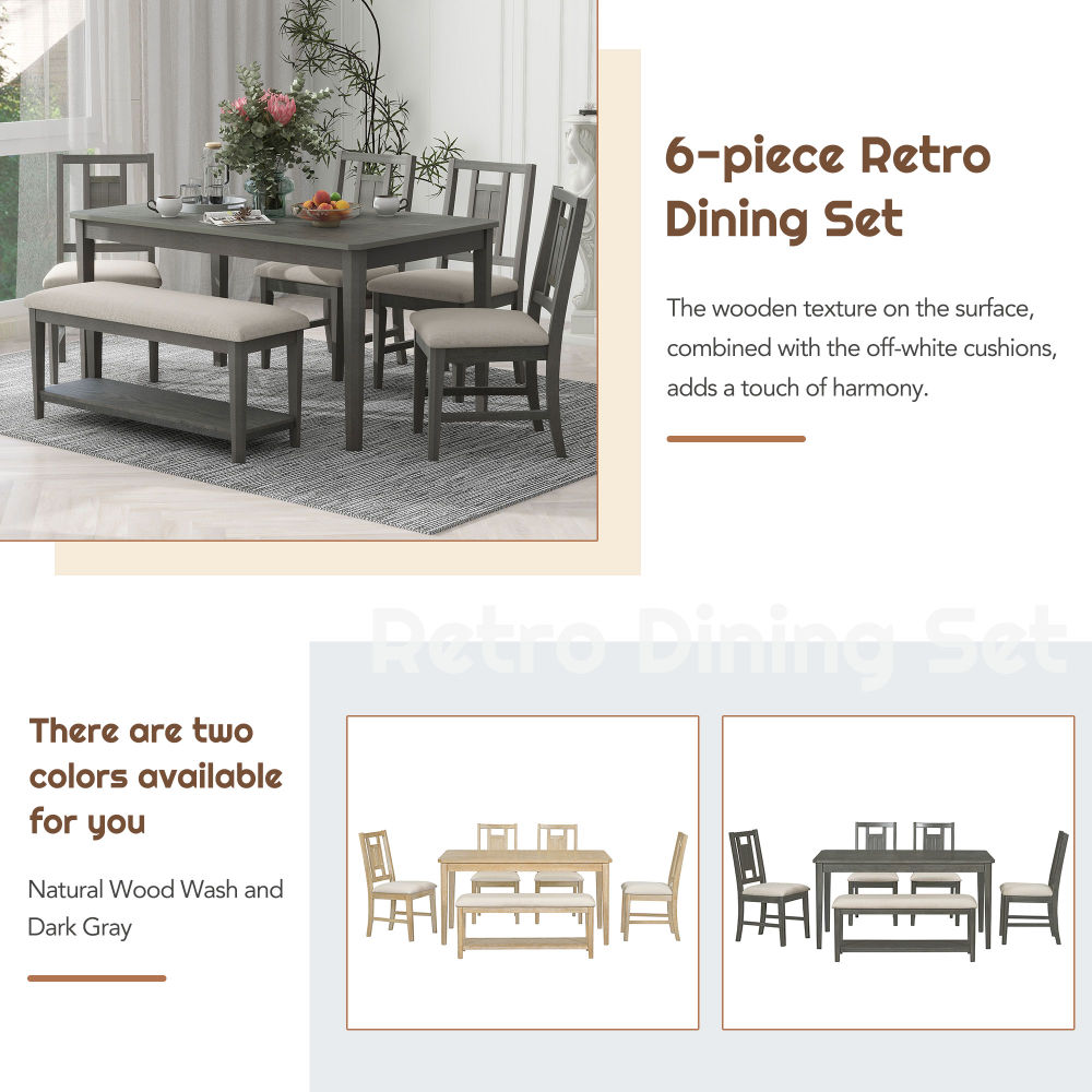 dropship TREXM 6-piece Retro Dining Set, Minimalist Dining Table and 4 upholstered chairs & 1 bench with a shelf for Dining Room(Dark Gray)