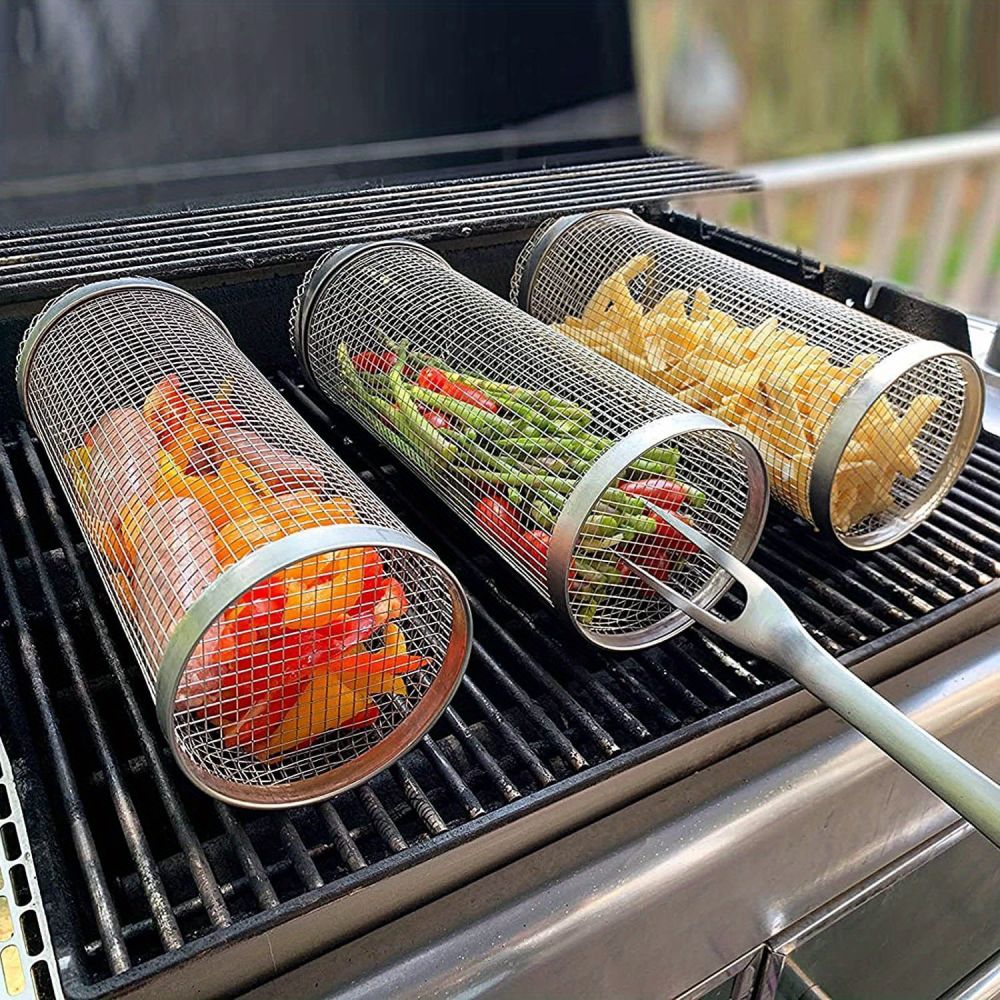 dropship 1pc Stainless Steel Portable Barbecue Cooking Grill Net; Grilling Baskets For Outdoor Grilling; Outdoor Camping Grilling Rack; Outdoor Round BBQ Campfire Grill Grid