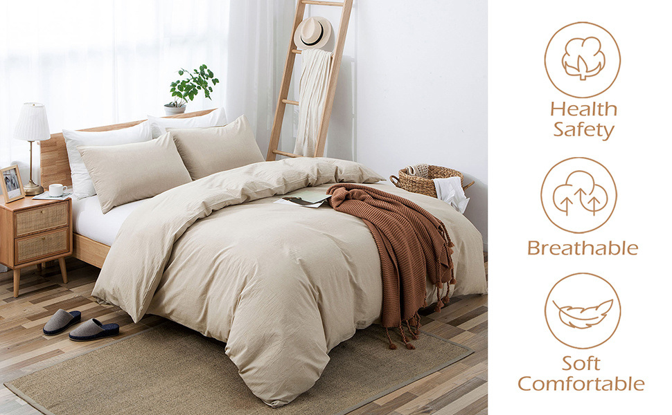 dropship 100% Washed Cotton Duvet Cover Set, Durable Fade-Resistant Natural Bedding Set (No Comforter)