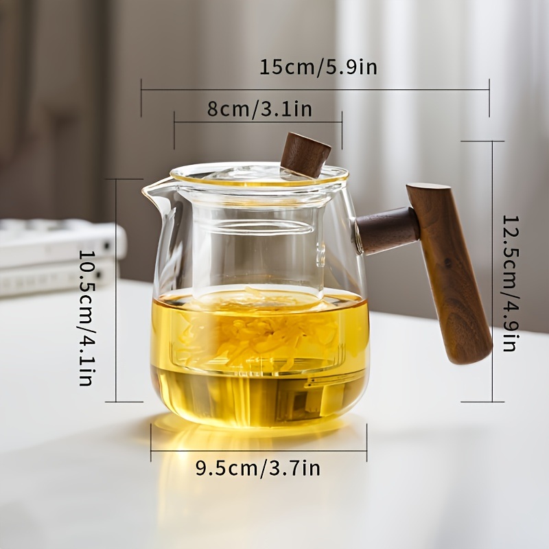 dropship 1pc High Borosilicate Heat-resistant Glass Teapot With Walnut Handle; 530ml/17.9oz; Removable Glass Filter; Transparent Tea Kettle
