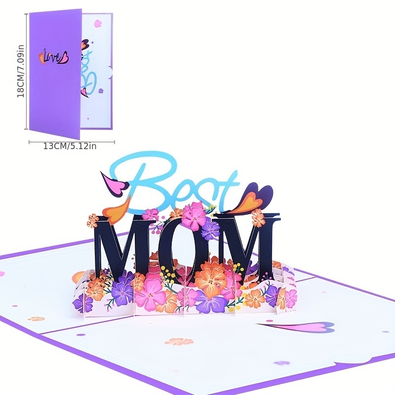 dropship 1pc Greeting Card; With Blank Envelope And Message Card; BEST MOM Pop Up Greeting Card; Colorful Flowers Heart Decor 3D Card; Mother's Day Gift; Theme Party Decor