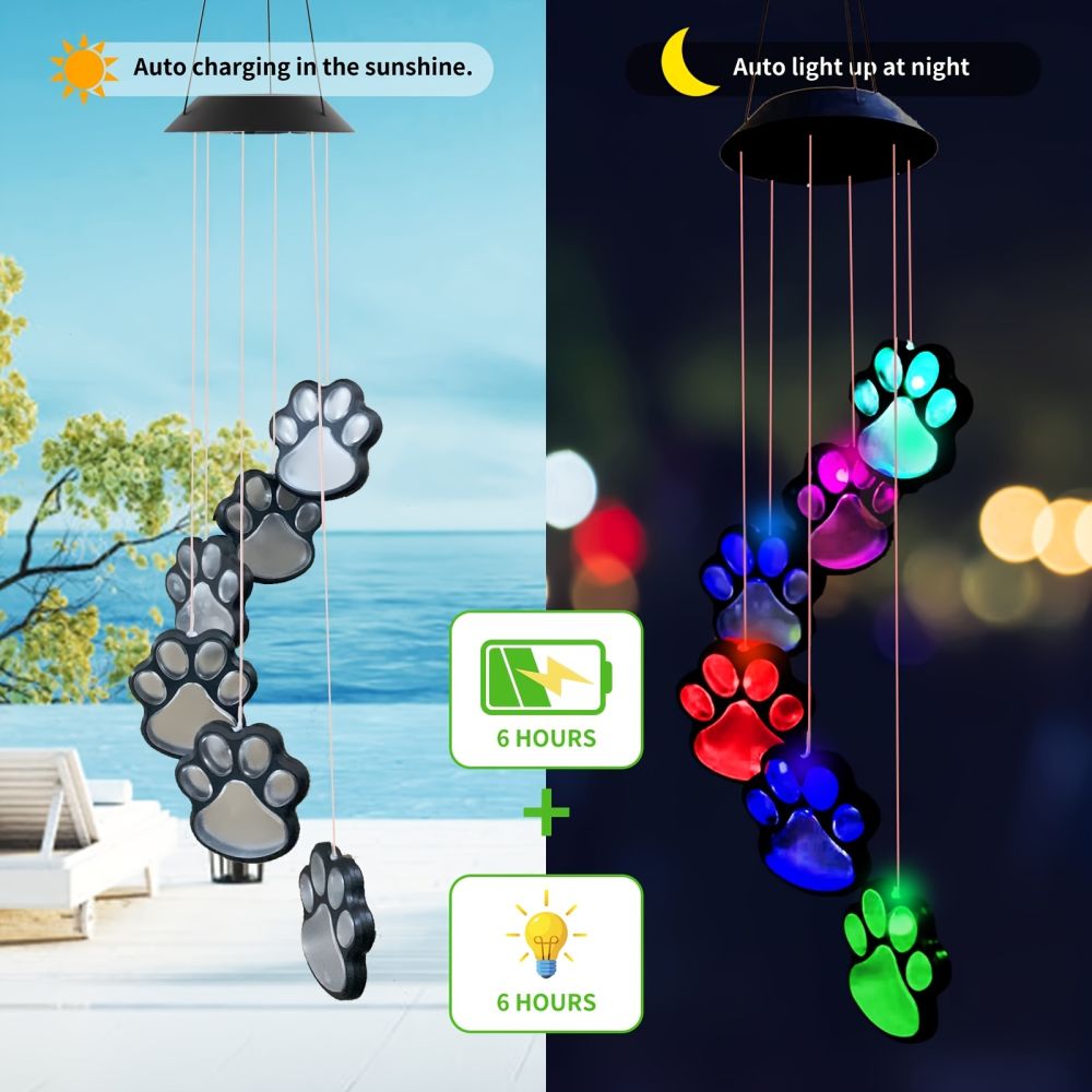 dropship 1pc; Paw Print Solar Wind Chimes For Outside; Dogs Cat Pet Paw Print Remembrance Wind Chimes; Waterproof Color Changing Solar Hanging Lights; Sympathy Gift For Pet Lover; Balcony; Patio; Yard Decor