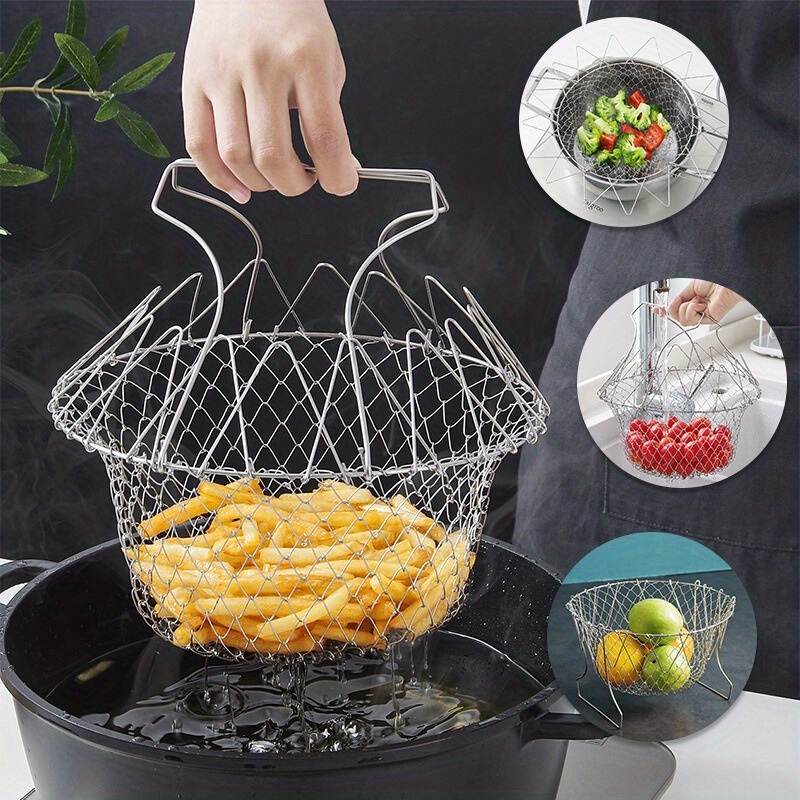 dropship 1pc; Frying Basket; Stainless Steel Frying Basket; Kitchen Foldable Steam Rinse Strain; Household Fry Basket Strainer; Kitchen Cooking Tool For Fried Food