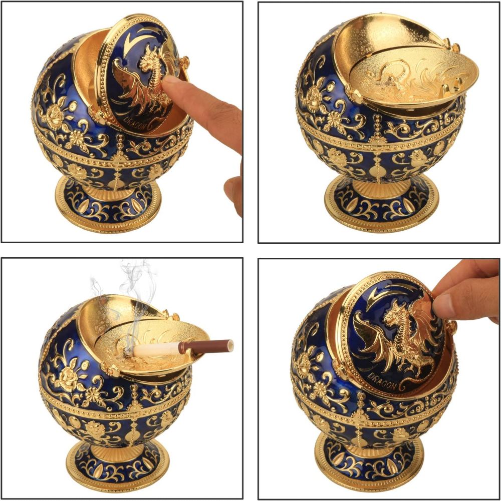 dropship Windproof Ashtray with Flip Lid for Cigarette Metal Portable Smoking Tobacco Ashtray Indoor Outdoor; Handicrafts Rose Pattern Cl