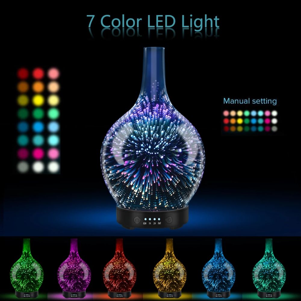 dropship 3D Fireworks Glass Vase Humidifier with 7 Color Led Night Light Aroma Essential Oil Diffuser Cool Mist Maker for Home Office