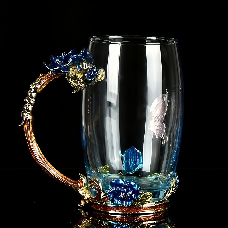 dropship 1pc Rose Enamel Crystal Tea Cup; Coffee Mug; Tumbler Butterfly Rose Painted Flower Water Cups; Clear Glass With Spoon Set
