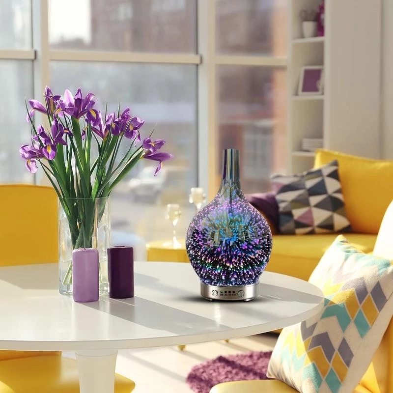 dropship 3D Fireworks Glass Vase Humidifier with 7 Color Led Night Light Aroma Essential Oil Diffuser Cool Mist Maker for Home Office