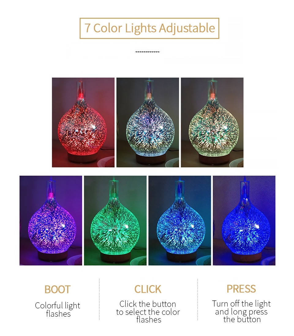 dropship 3D Fireworks Glass Vase Humidifier with 7 Color Led Night Light Aroma Essential Oil Diffuser Cool Mist Maker for Home Office