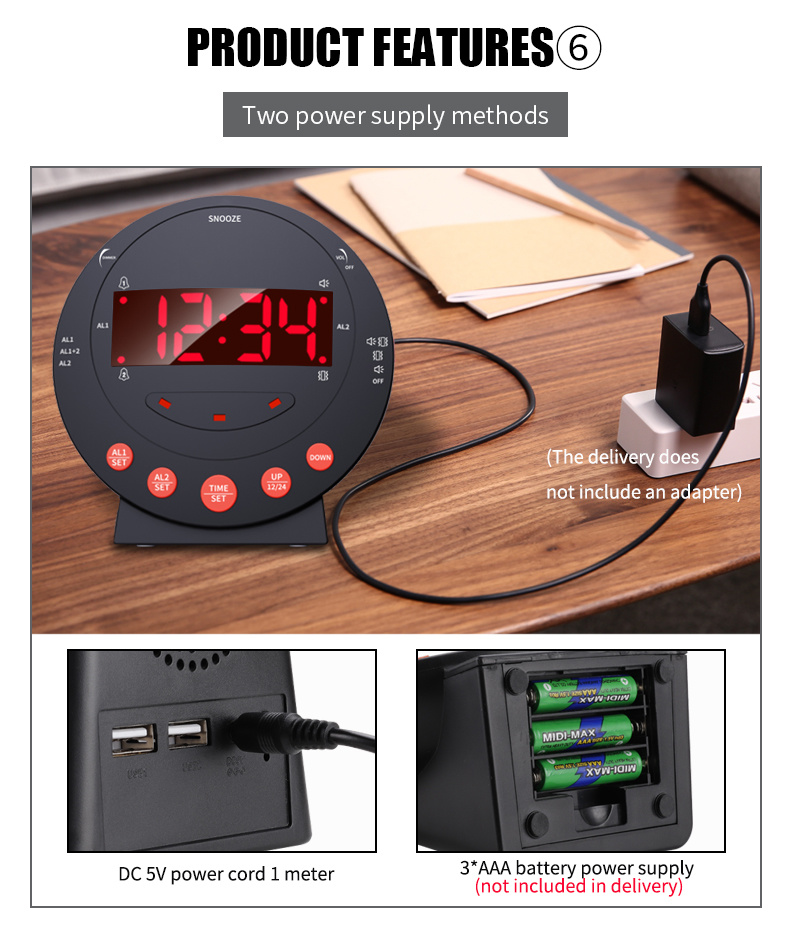 dropship LED Vibrating Loud Alarm Clock Strong Bed Vibration Shaker for Heavy Sleepers Deaf Senior Kids Display Dimmer Snooze USB Charger