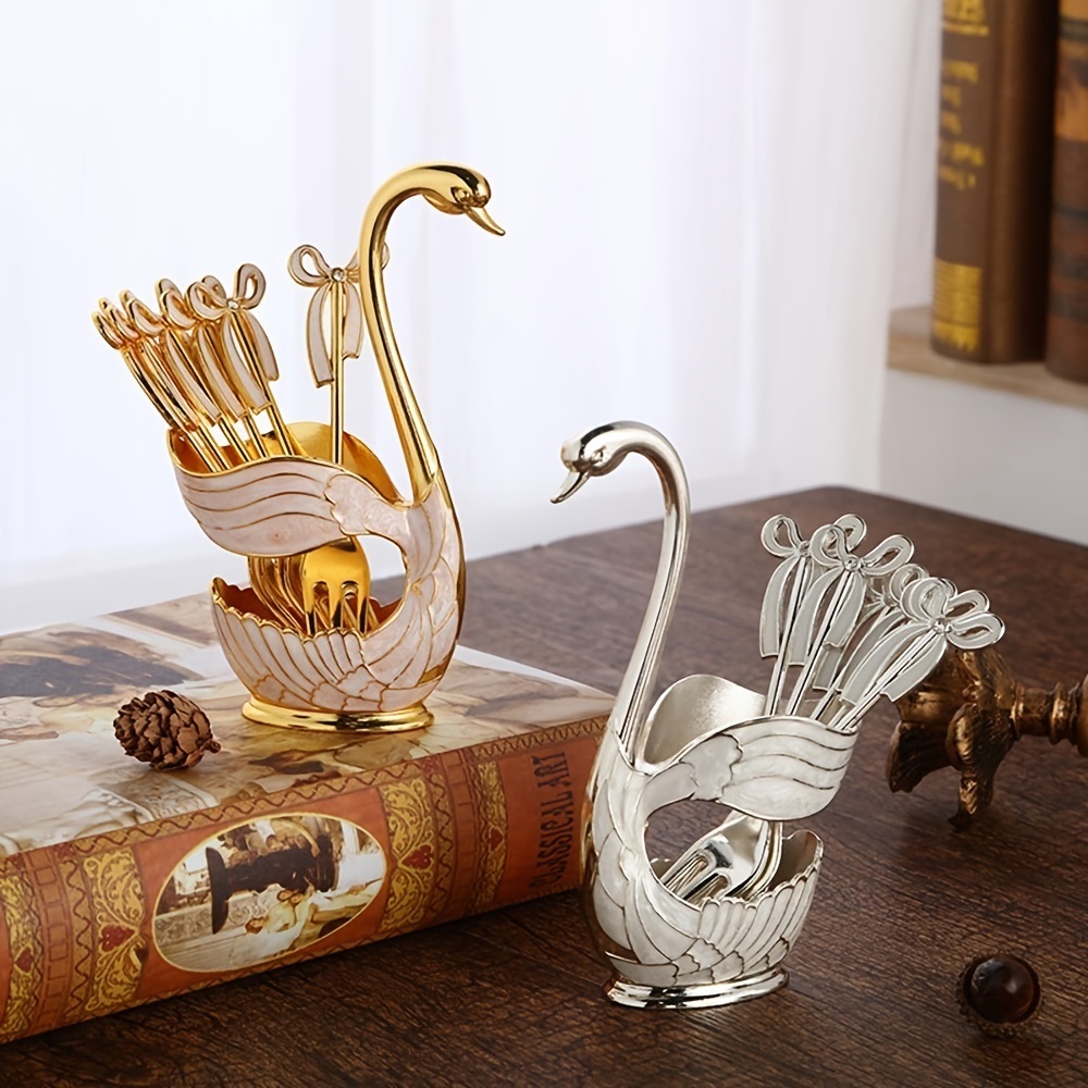 dropship 1pc Coffee Dessert Spoons Set; Swan Base Holder Coffee Spoons Set With 6 Forks Spoons Creative Metal Coffee Dessert Spoon Set For Coffee Dessert Ice Cream Use Great Gift