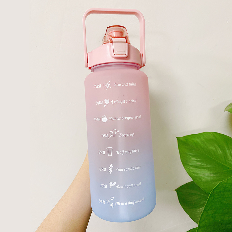 dropship 2L Large Capacity Water Bottle With Bounce Cover Time Scale Reminder Frosted Cup With Cute Stickers For Outdoor Sports Fitness