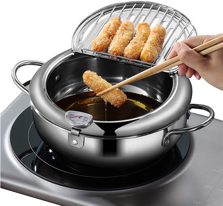 dropship 1pc Tempura Deep Fry Pot, Thickened 304 Stainless Steel Tempura Fryer With Thermometer, Japanese Style Tempura Fryer Pan