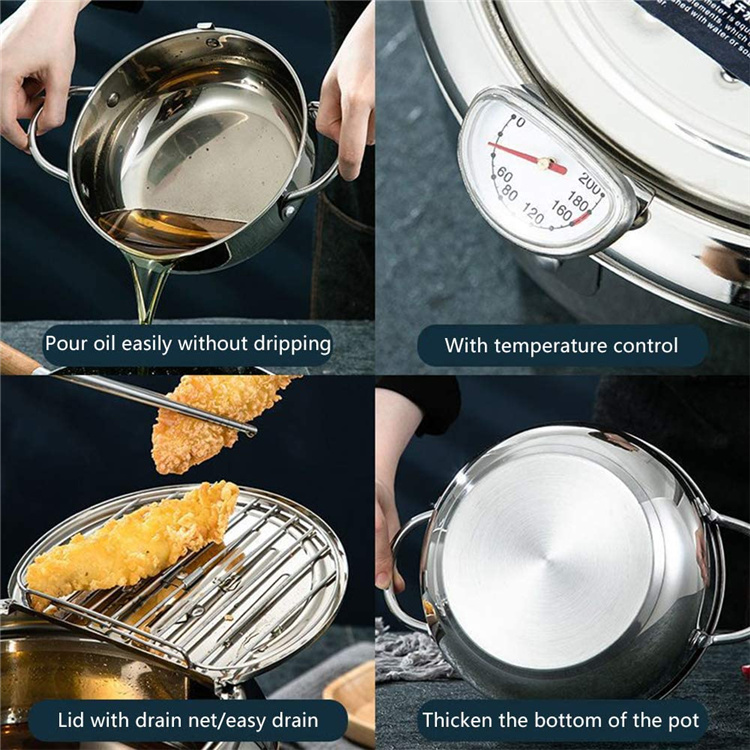 dropship 1pc Tempura Deep Fry Pot, Thickened 304 Stainless Steel Tempura Fryer With Thermometer, Japanese Style Tempura Fryer Pan