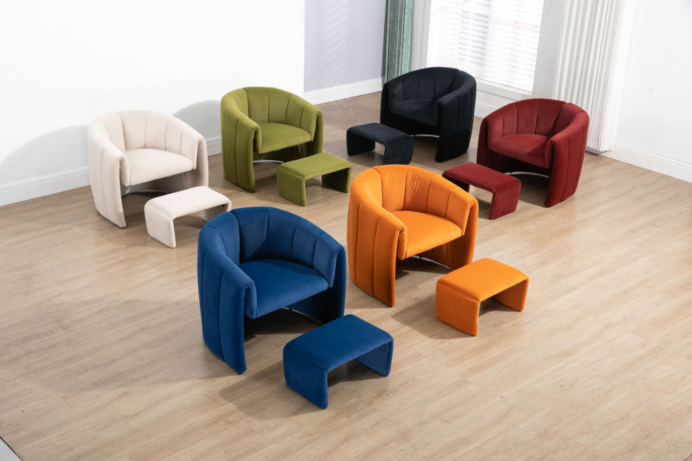 dropship COOLMORE Accent Chair with Ottoman, Mid Century Modern Barrel Chair Upholstered Club Tub Round Arms Chair for Living Room