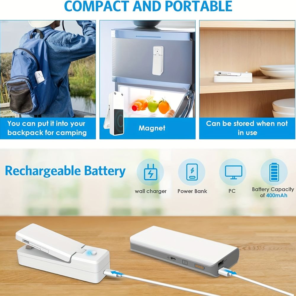dropship 1pc Mini Bag Sealer; Rechargeable Portable Sealing Machine; Handheld Heat Vacuum Sealers For Plastic Bags; Kitchen Tools