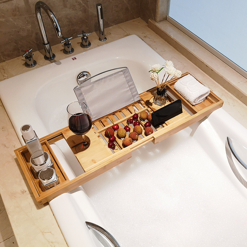 dropship Bathtub Caddy Tray Crafted Bamboo Bath Tray Table Extendable Reading Rack