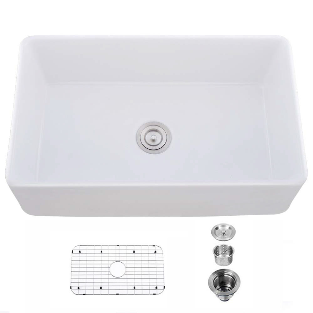 dropship 33" L X 20" W Single Basin Ceramic Farmhouse Kitchen Sink with Basket Strainer