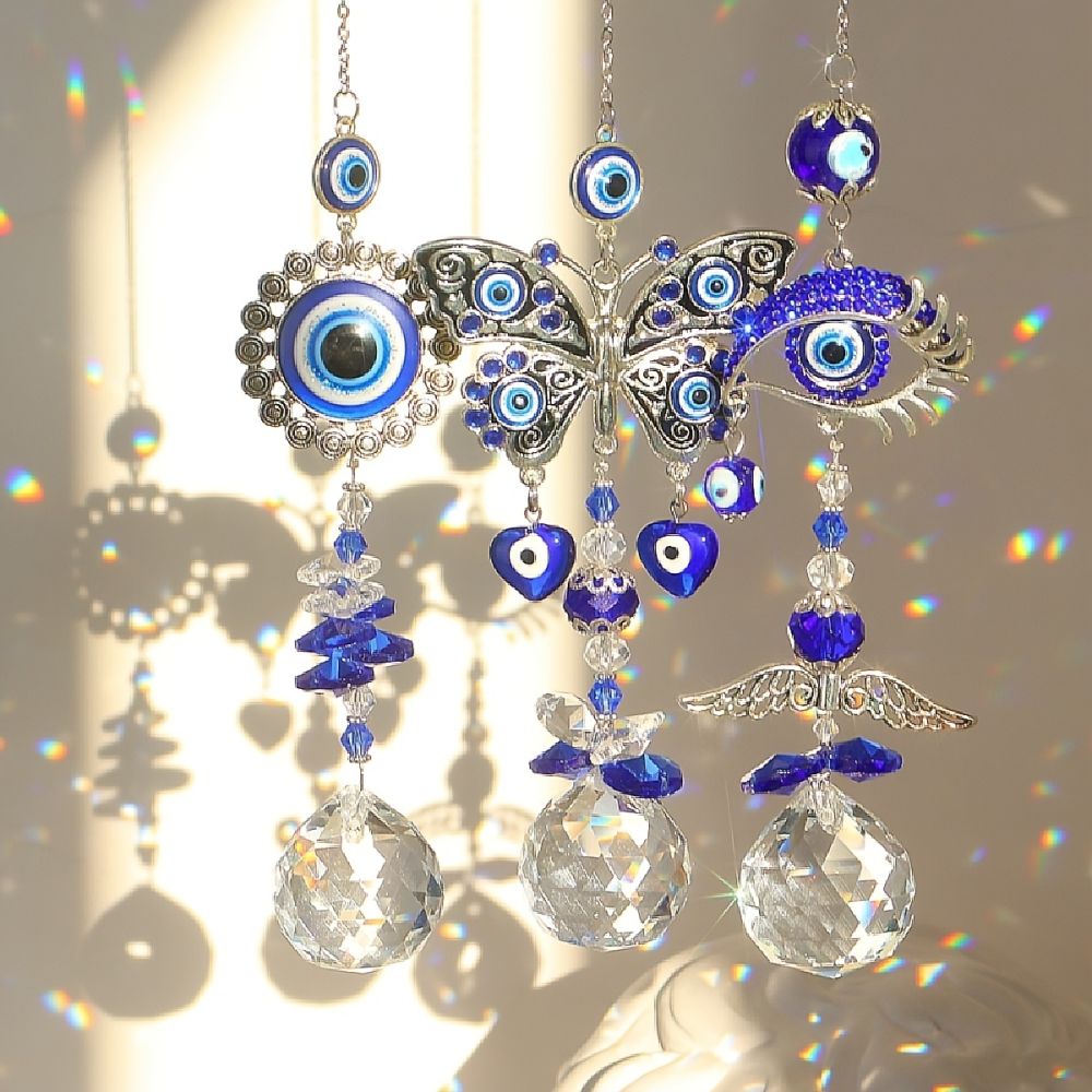 dropship 1pc Crystal Sun Catchers; Blue Butterfly Evil Eye Suncatcher Indoor Window With Prism Ball; Sunlight Rainbow Maker Good Luck Hanging Crystals Ornament For Home