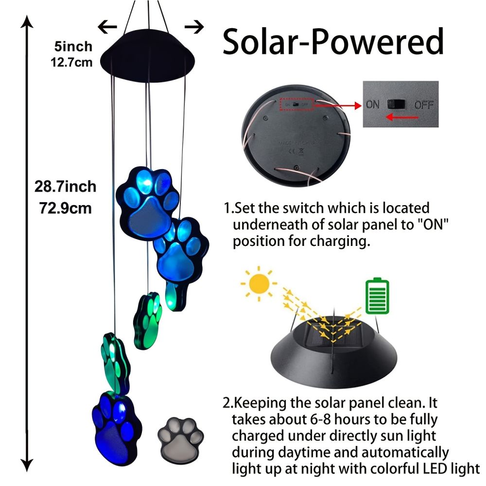 dropship 1pc; Paw Print Solar Wind Chimes For Outside; Dogs Cat Pet Paw Print Remembrance Wind Chimes; Waterproof Color Changing Solar Hanging Lights; Sympathy Gift For Pet Lover; Balcony; Patio; Yard Decor