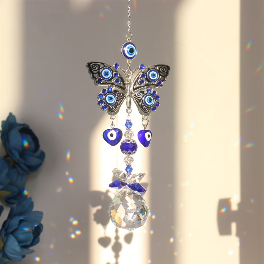 dropship 1pc Crystal Sun Catchers; Blue Butterfly Evil Eye Suncatcher Indoor Window With Prism Ball; Sunlight Rainbow Maker Good Luck Hanging Crystals Ornament For Home