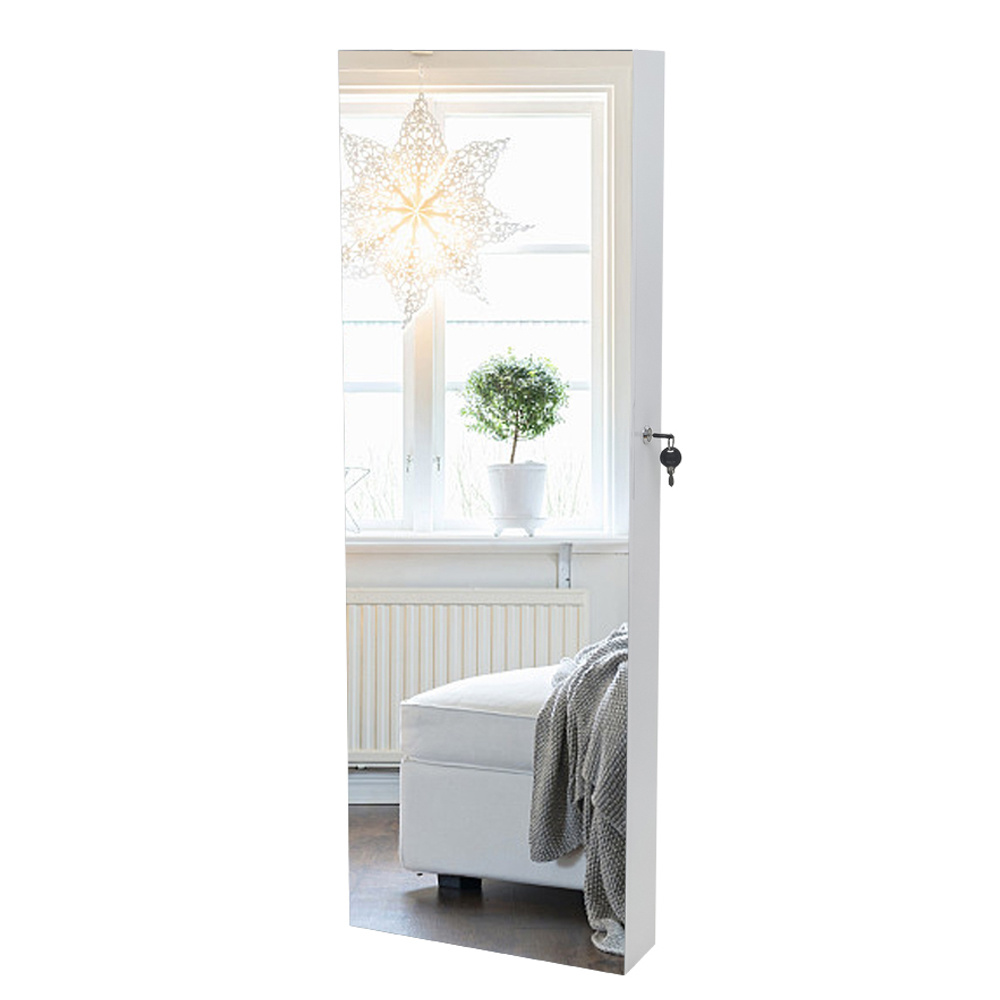 dropship Full Mirror Wooden Wall Mounted 4-Layer Shelf 2 Drawers With Inner Mirror 8 Blue LED Light Jewelry Storage Mirror Cabinet - White XH