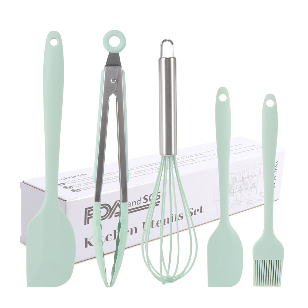 dropship Silicone Cook Utensils;  5 Piece Kitchen Cooking Set;  Includes Large Spatula;  Small Spatula;  Grease Brush;  Food Clamp;  Whisk