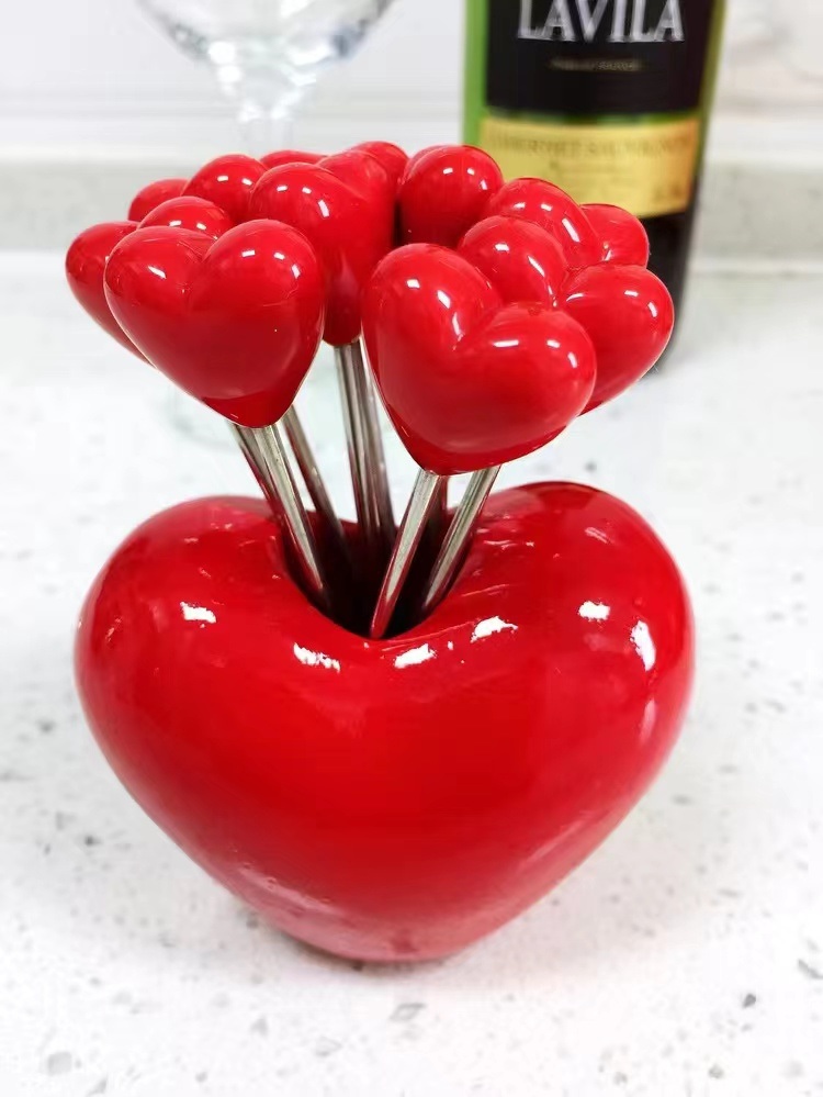 dropship 10pcs; Love Fruit Forks; Stainless Steel Cake Fork Set; Home Snacks Tableware Set; Kitchen Household Items; Valentine's Day Party Favors