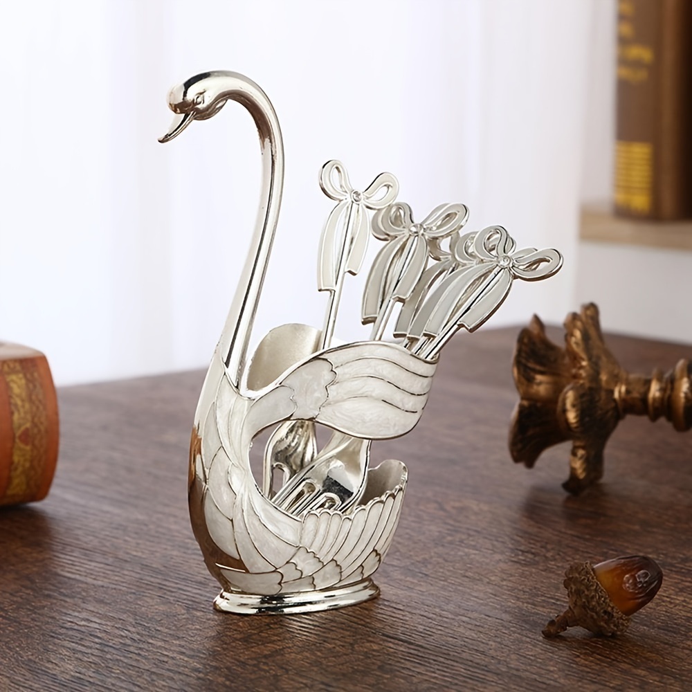 dropship 1pc Coffee Dessert Spoons Set; Swan Base Holder Coffee Spoons Set With 6 Forks Spoons Creative Metal Coffee Dessert Spoon Set For Coffee Dessert Ice Cream Use Great Gift