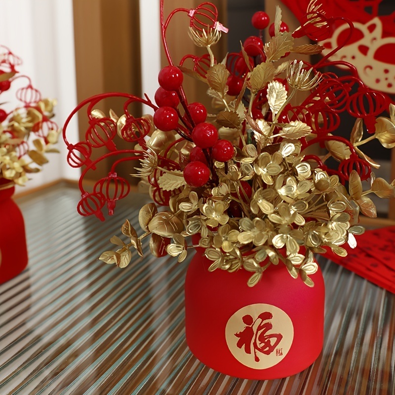 dropship 1pc New Year Spring Festival Pots; Artificial Flowers Plants Festival Pots For New Year Spring Festival Home Restaurant Tabletop Festival Festival Party DIY Decoration