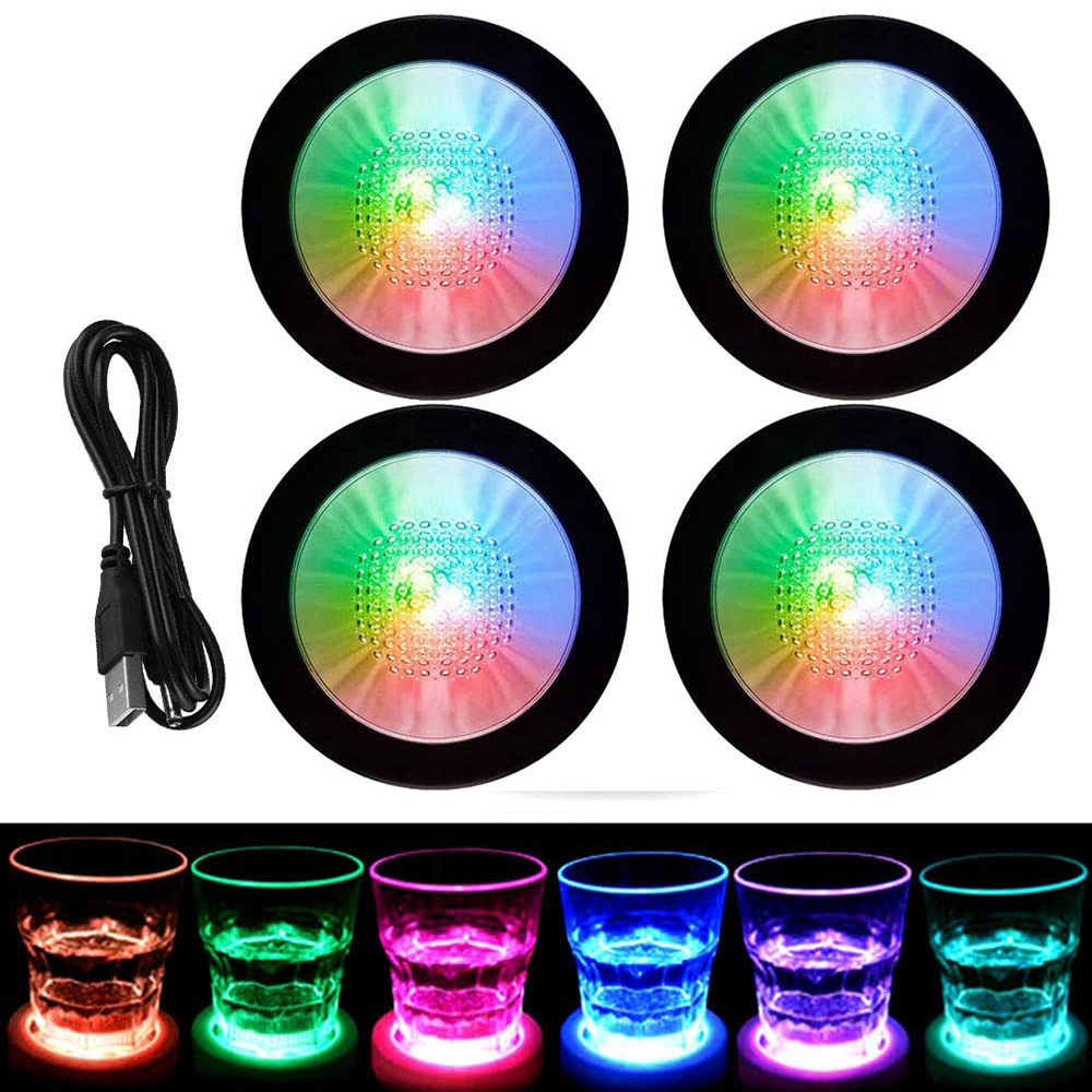 dropship Glow Bottle Sticker USB Rechargeable Coaster Led Coaster Light Flashing Cup Mat Multi Color Light Up Club Bar Wedding Decoration