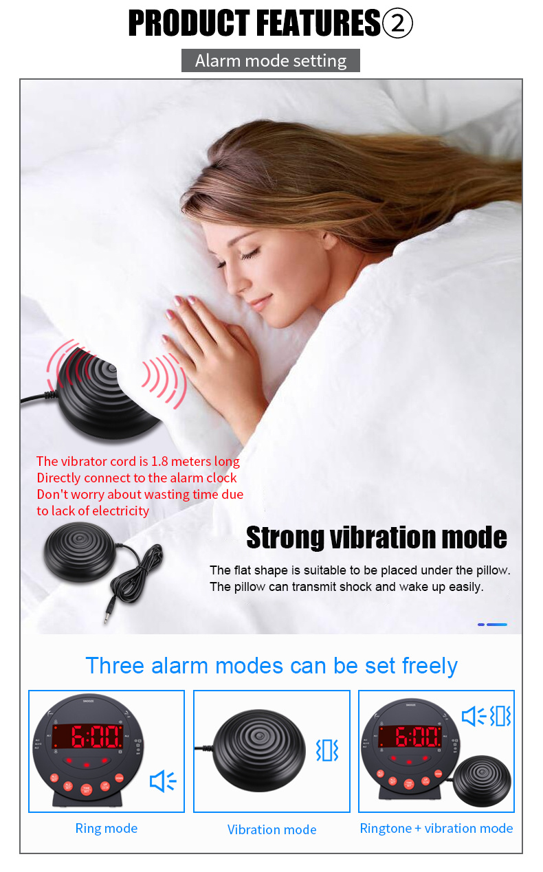 dropship LED Vibrating Loud Alarm Clock Strong Bed Vibration Shaker for Heavy Sleepers Deaf Senior Kids Display Dimmer Snooze USB Charger