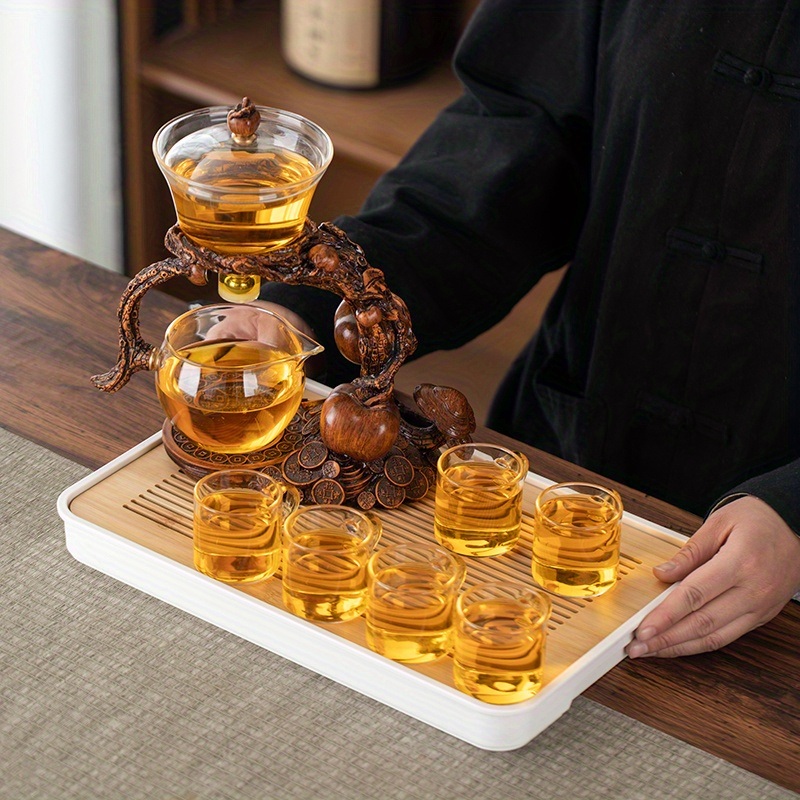 dropship 1 Set Lazy Tea Set; Magnetic Water Diversion Rotating Cover Bowl; Tea Maker; Automatic Glass Teapot; Tea Canister; Tea Cups; Tea Pet; Tea Tray; Chinese Kung Fu Tea Set