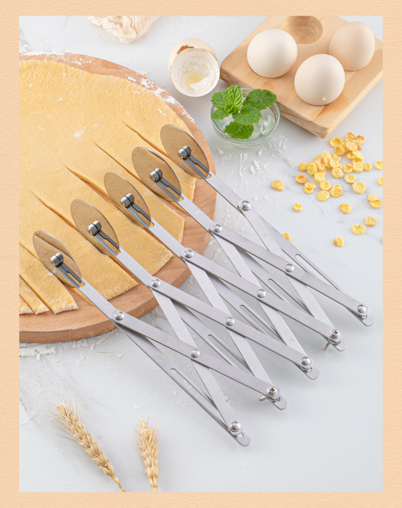 dropship 1pc Stainless Steel Fritters Cut Retractable Multi-wheel Noodle Cutter Roller Knife Pizza Knife Commercial Noodle Cutter Noodle Cutter