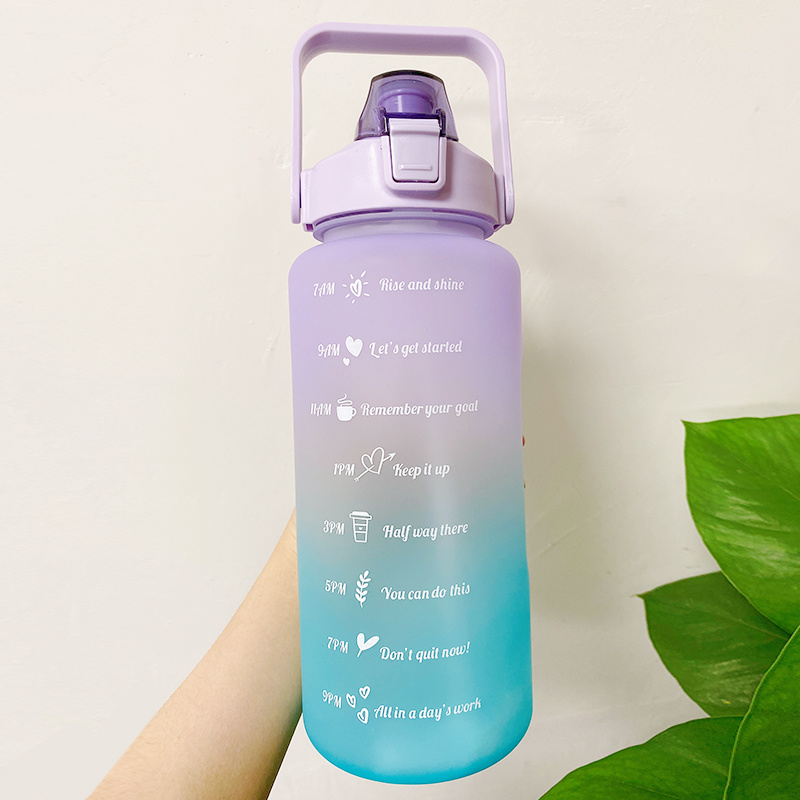 dropship 2L Large Capacity Water Bottle With Bounce Cover Time Scale Reminder Frosted Cup With Cute Stickers For Outdoor Sports Fitness