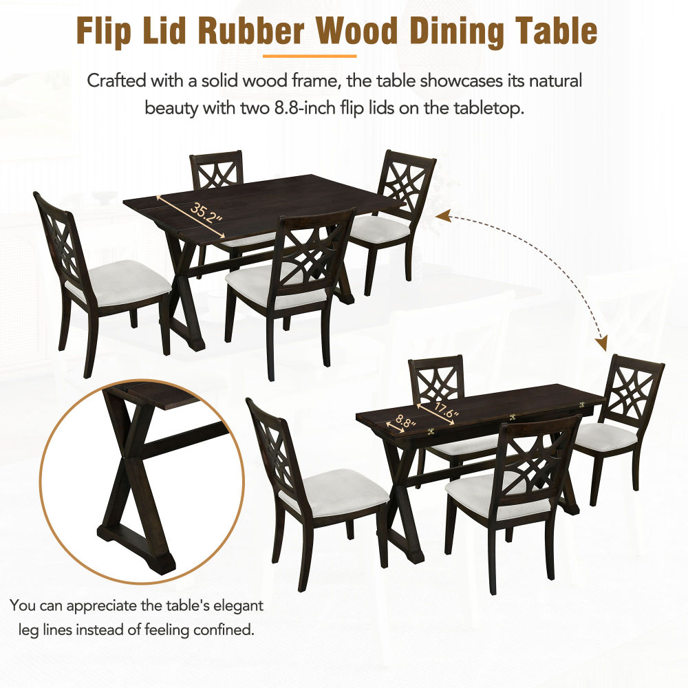 dropship TOPMAX 5-Piece 62*35.2inch Extendable Rubber Wood Dining Table Set with X-shape Legs,Console Table with Two 8.8Inch-Wide Flip Lids and Upholstered Dining Chairs ,Dark Walnut