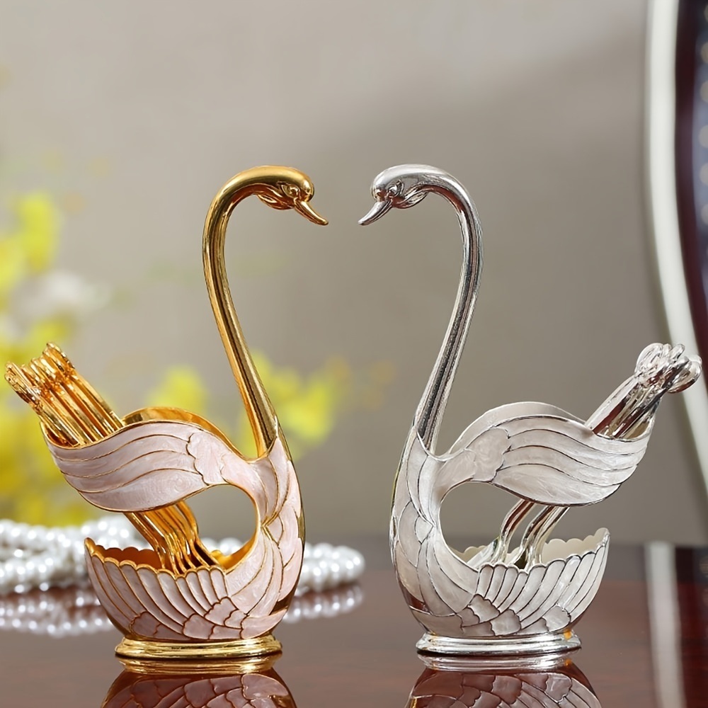 dropship 1pc Coffee Dessert Spoons Set; Swan Base Holder Coffee Spoons Set With 6 Forks Spoons Creative Metal Coffee Dessert Spoon Set For Coffee Dessert Ice Cream Use Great Gift