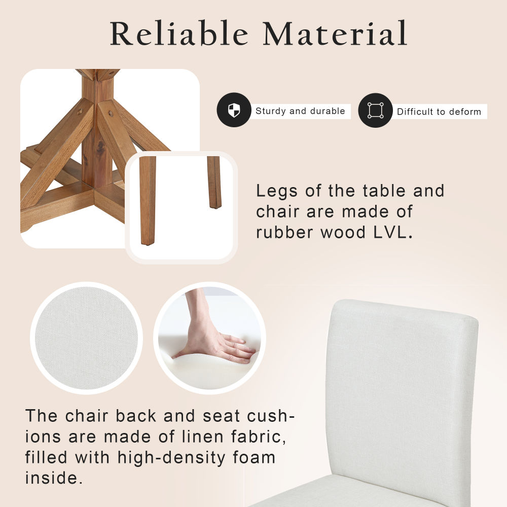 dropship TREXM 5-Piece Farmhouse Style Dining Table Set, Marble Sticker and Cross Bracket Pedestal Dining Table, and 4 Upholstered Chairs (White+Walnut)