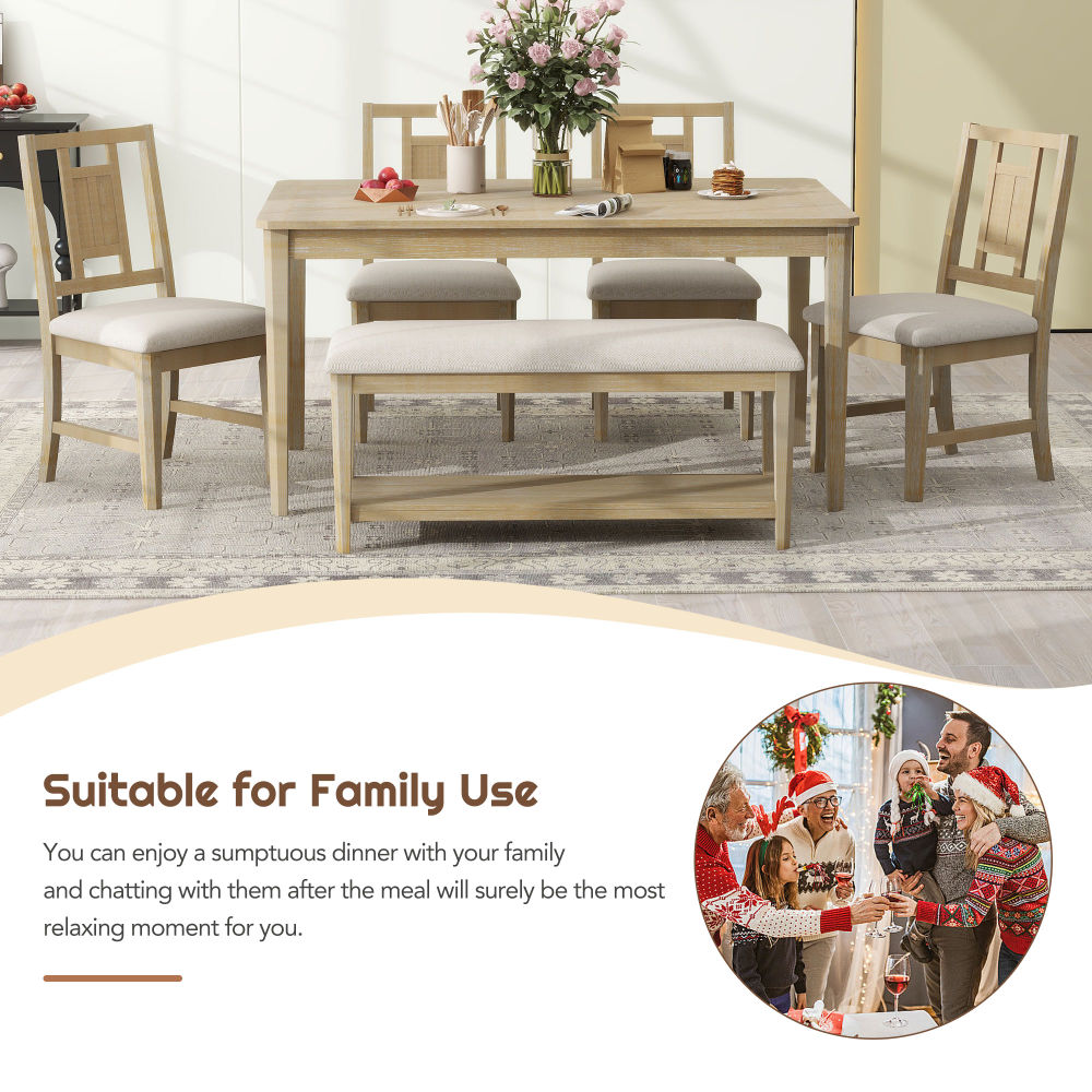 dropship TREXM 6-piece Retro Dining Set, Minimalist Dining Table and 4 upholstered chairs & 1 bench with a shelf for Dining Room(Natural Wood Wash)