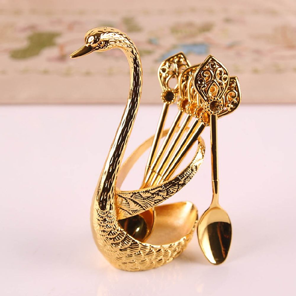 dropship Coffee Spoon Holder For Coffee Bar; 1set Coffee Dessert Spoon Set; Fruit Cake Coffee Tea Spoon; Swan Shaped Base Holder Cutlery Set; Zinc Alloy Metal Tableware