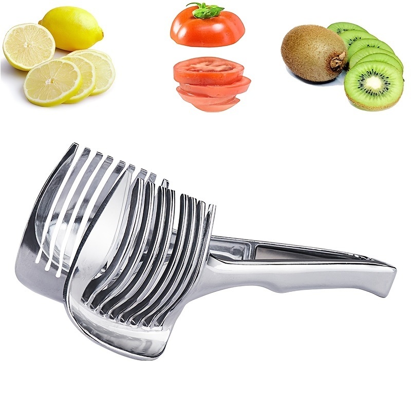 dropship 1pc Tomato Lemon Slicer Holder, Round Fruits Onion Shredder Cutter Guide Tongs With Handle, Stainless Steel Kitchen Cutting Potato Lime Food Stand