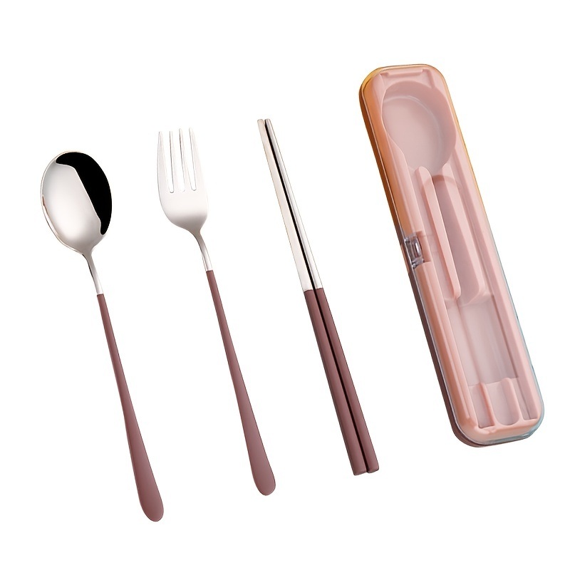 dropship 3pcs Portable Stainless Steel Cutlery Set; Fork Spoon Chopsticks With Case