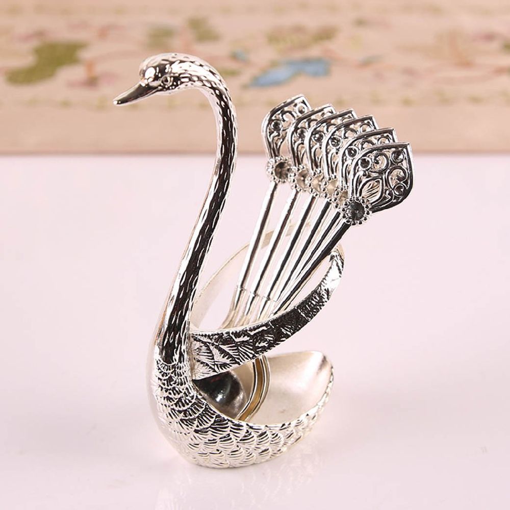 dropship Coffee Spoon Holder For Coffee Bar; 1set Coffee Dessert Spoon Set; Fruit Cake Coffee Tea Spoon; Swan Shaped Base Holder Cutlery Set; Zinc Alloy Metal Tableware