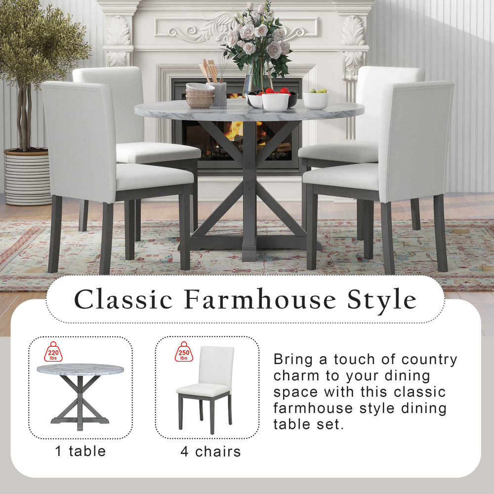 dropship TREXM 5-Piece Farmhouse Style Dining Table Set, Marble Sticker and Cross Bracket Pedestal Dining Table, and 4 Upholstered Chairs (White+Gray)
